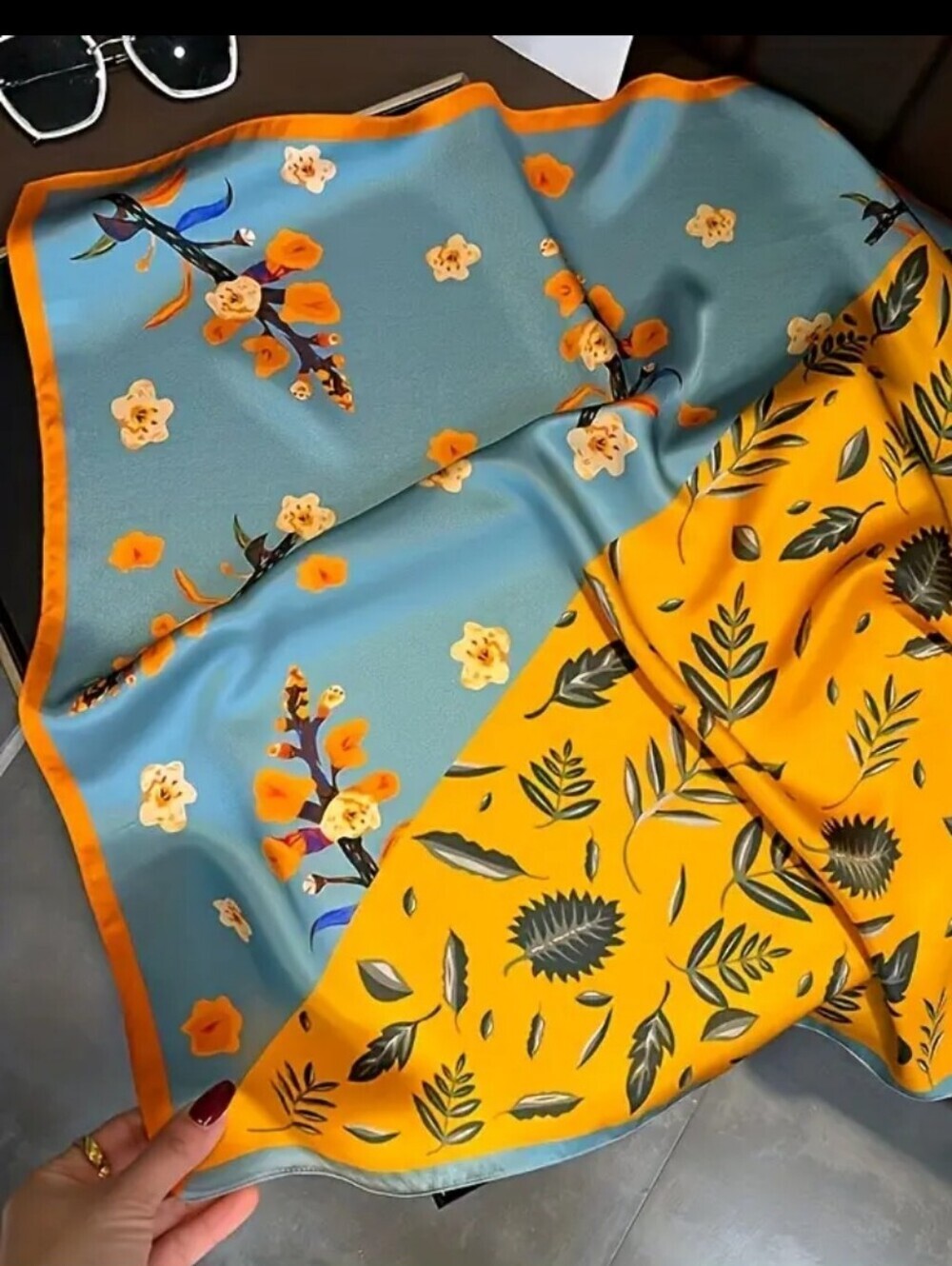 Silk-feel Floral Two-Tone Scarf Skirt - Blue & Yellow Head Scarf , Neck Scarf - Picture 3 of 5